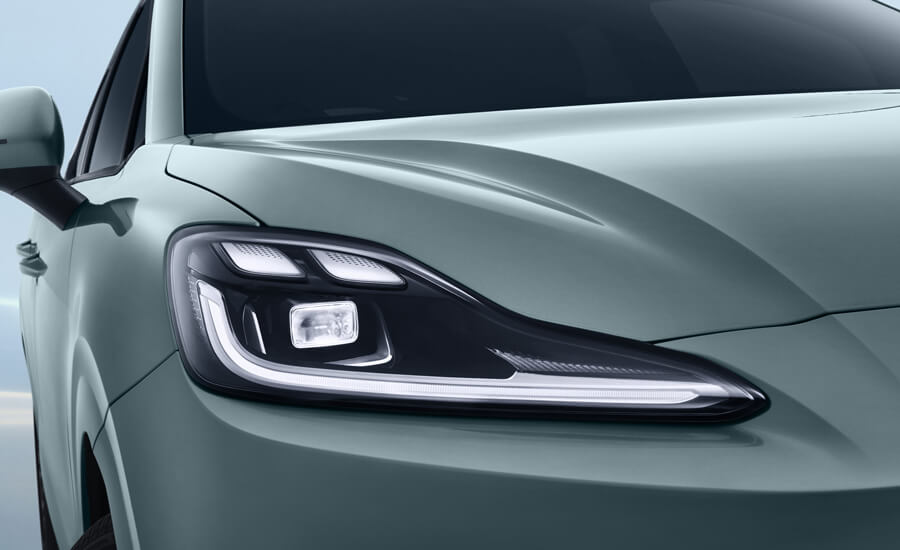 Close up view of the LED headlights and daytime running lights